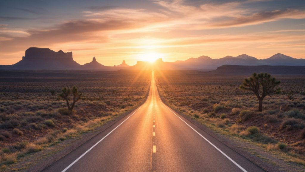 Straight, endless two-lane road traversing a vast New Mexico desert landscape at sunset, flanked by distant mesas and sparse desert vegetation.