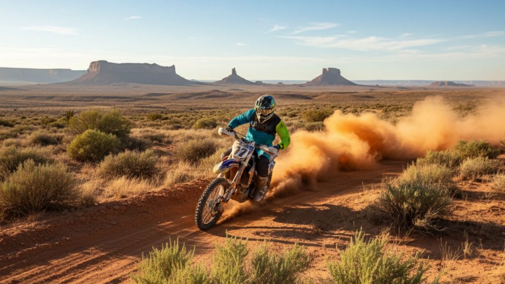 Dirt bike rider kicking up red dust on a rugged desert trail in New Mexico, with arid hills, mesas, and sparse vegetation under a bright sky.