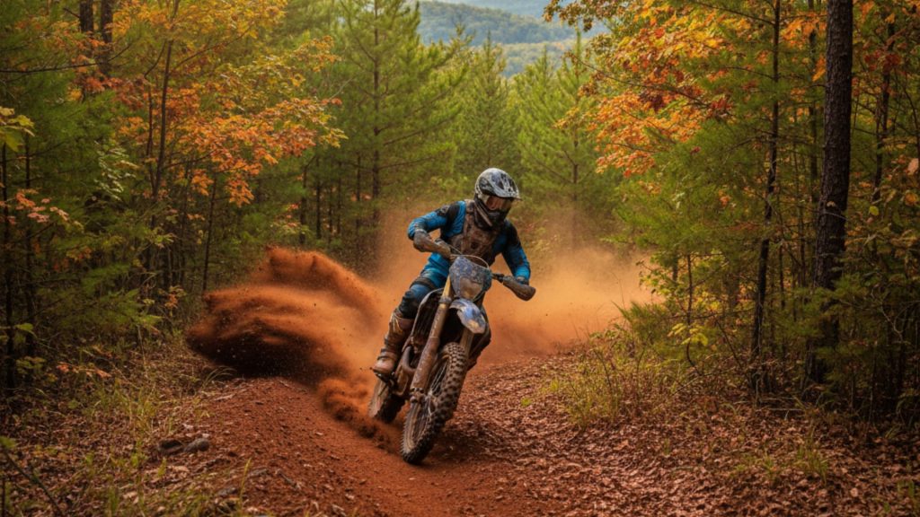 Dirt bike rider kicking up reddish soil on a forest trail in the Appalachian foothills of North Carolina, surrounded by lush, mixed deciduous and pine trees.