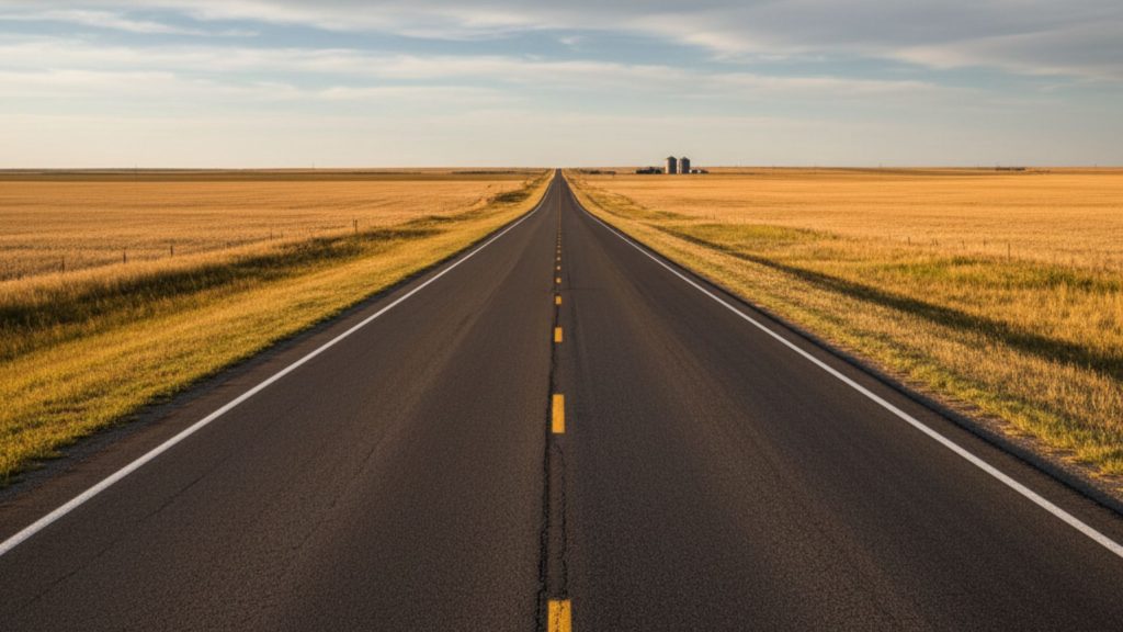 long, straight two-lane highway cutting through the expansive, flat prairies of North Dakota, with vast fields stretching to the horizon under a big sky.