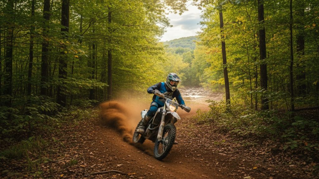 Dirt bike rider kicking up brown dirt on a winding trail through a lush, deciduous forest in rural Ohio during late summer.