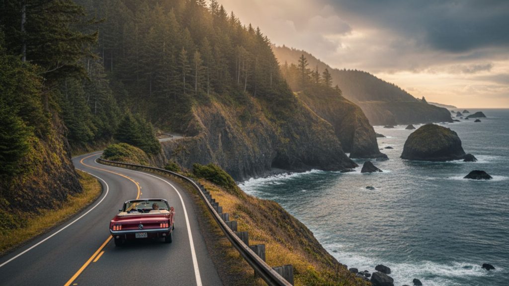 Winding two-lane road along the dramatic coastline of Oregon, featuring rocky cliffs, evergreen trees, and the Pacific Ocean under a dramatic sky.