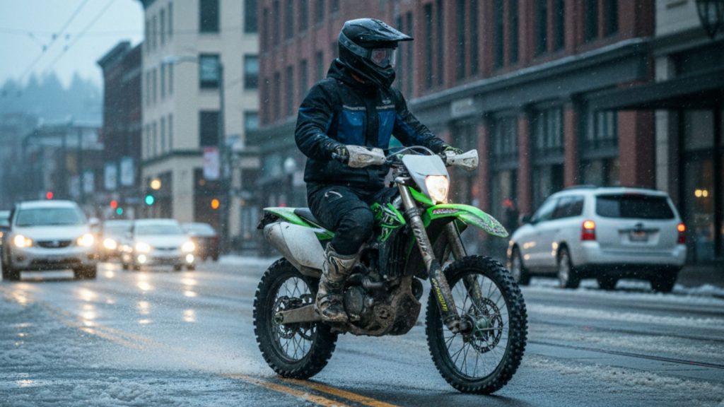 Dirt bike rider calmly riding along a snowy street in downtown Portland, Oregon, seen from a side view, with urban buildings and light traffic under a cloudy daytime sky.