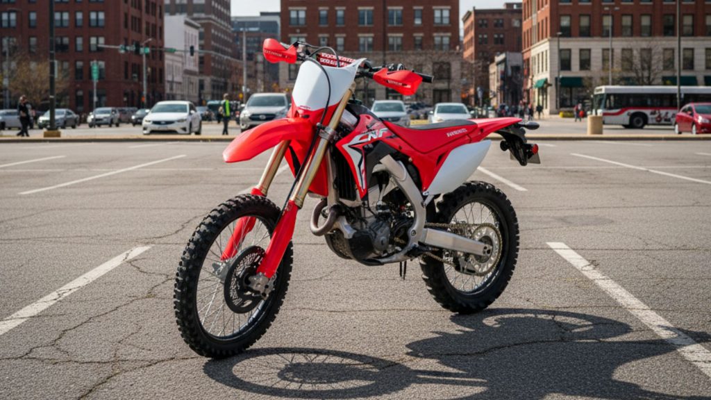 Dirt bike parked in an asphalt city parking lot in Pennsylvania during the daytime, with urban buildings and street activity in the background.