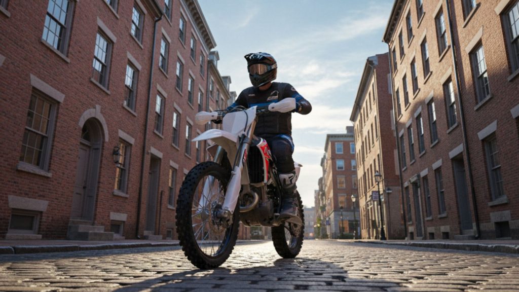 Dirt bike rider on an urban street in Providence, Rhode Island, viewed from a low angle, with classic brick buildings and a clear daytime sky.