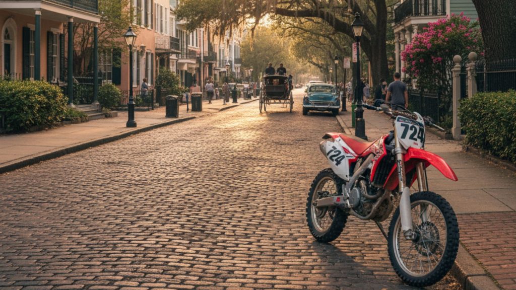 Dirt bike parked on a sunlit cobblestone street in historic Charleston, South Carolina, with colorful antebellum homes and palm trees in the background.