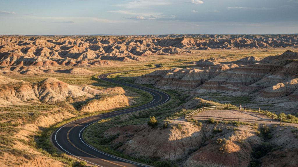 Winding two-lane road cutting through the dramatic, layered rock formations of Badlands National Park in South Dakota, with sparse vegetation and a scenic overlook.