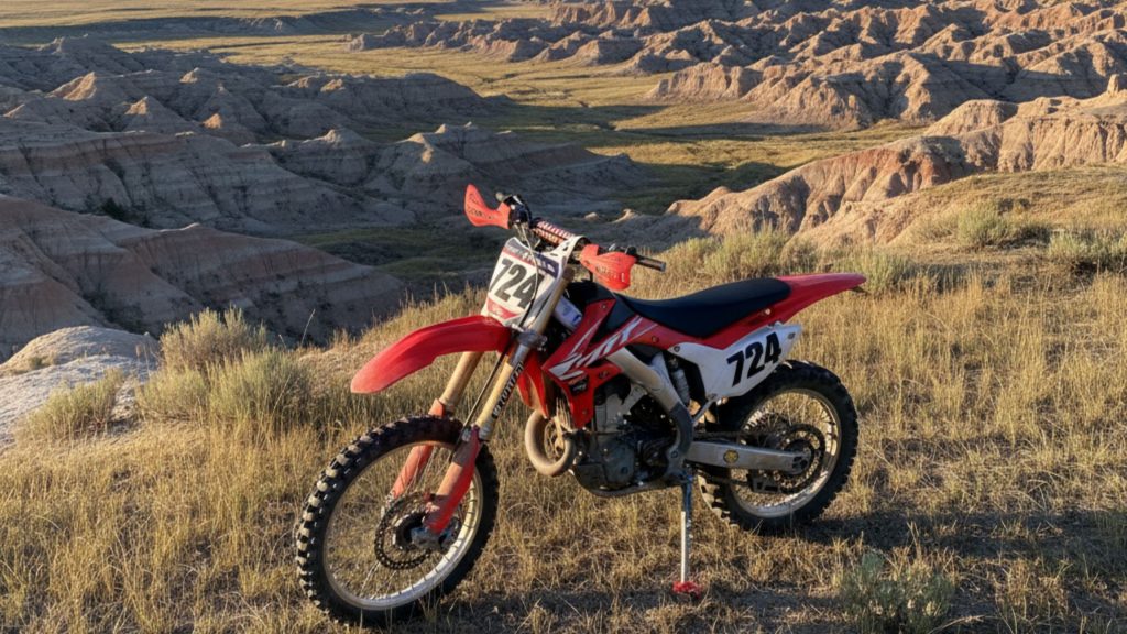 Dirt bike parked on a grassy overlook in the scenic Badlands National Park, South Dakota, with panoramic views of eroded buttes and vast prairie under a clear sky.