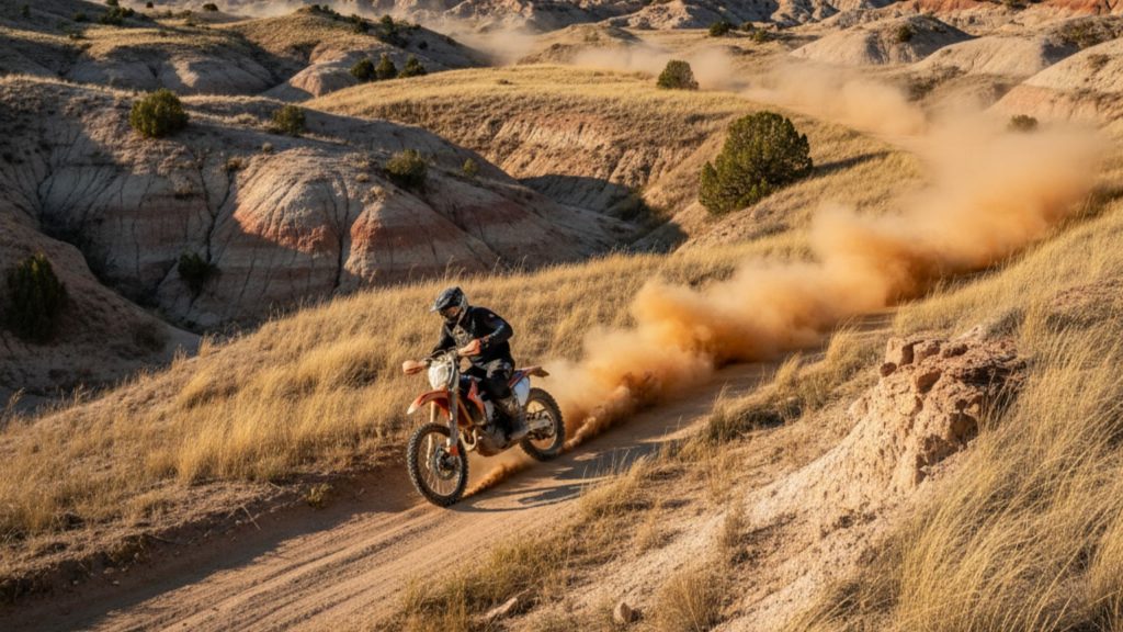 Dirt bike rider kicking up dust on a trail winding through the rugged badlands of South Dakota, with dramatic rock formations and sparse vegetation.
