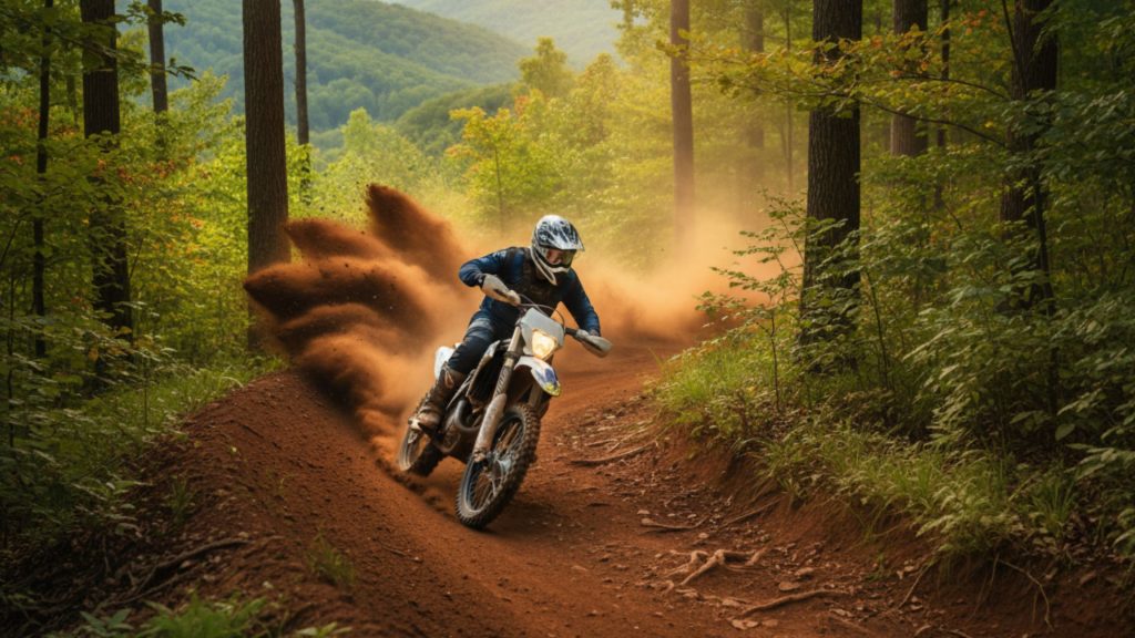 Dirt bike rider kicking up rich, brown soil on a challenging trail through a dense, green forest in the Appalachian foothills of East Tennessee.