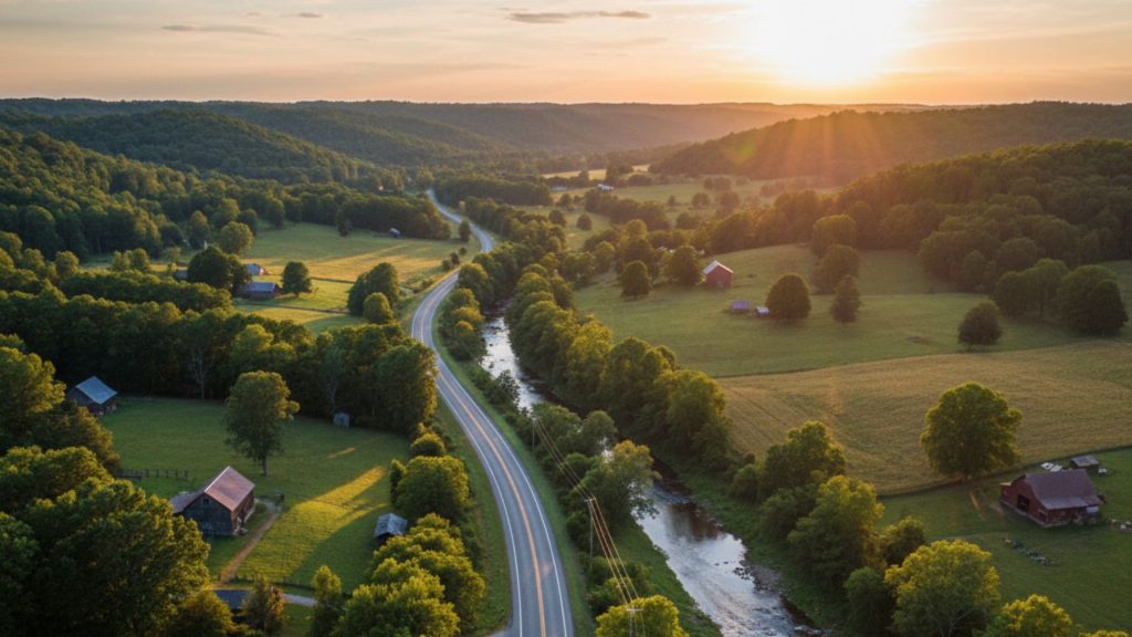Two-lane road traversing a wide, scenic valley in rural Tennessee, flanked by rolling green hills, a small river, and scattered farms under a broad, evening sky.