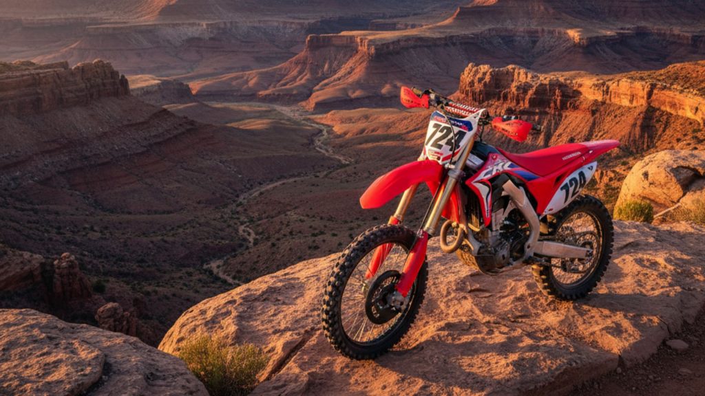 Dirt bike parked on a rocky outcrop overlooking a sweeping view of the Palo Duro Canyon in Texas, with vibrant strata and a dramatic sky.