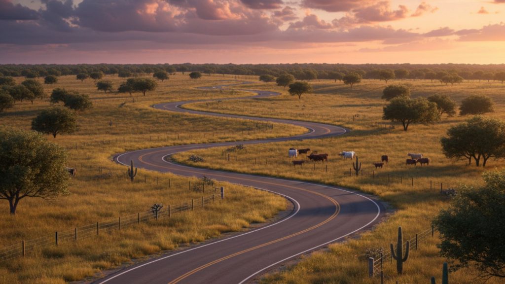 Two-lane ranch road in rural Texas, flanked by vast open fields, scattered mesquite trees, and distant cattle, under a dramatic, wide-open sky.