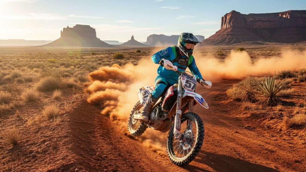 Dirt bike rider kicking up red dust on a rugged desert trail in West Texas, with distant mesas and sparse scrubland under a vast, bright blue sky.