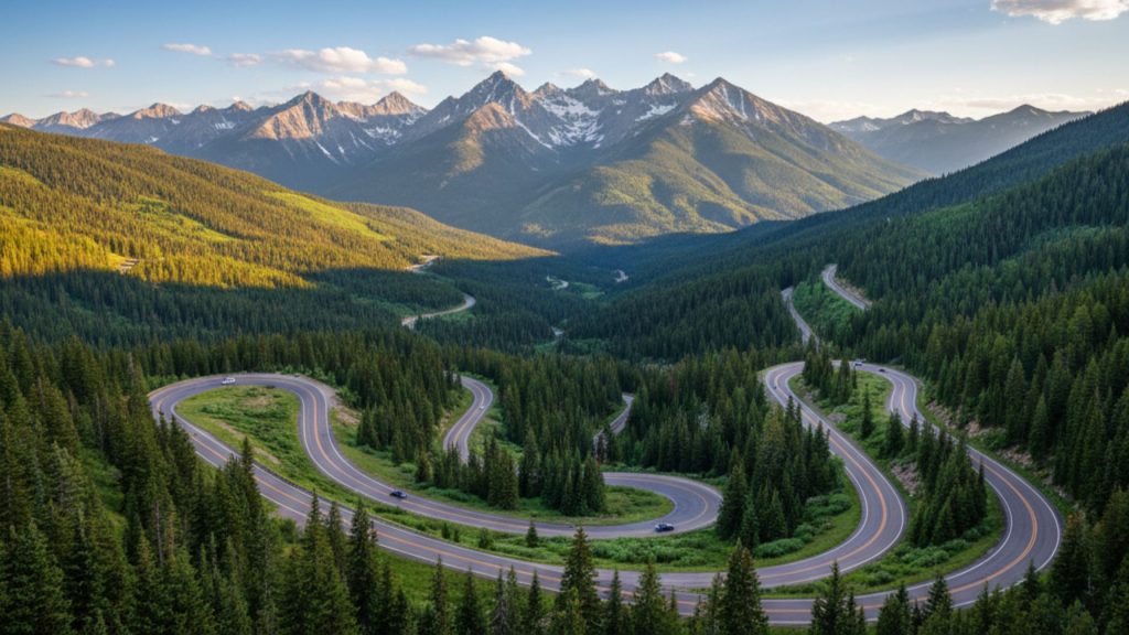 Winding two-lane road carved through the towering red rock canyons of Southern Utah, with sparse desert vegetation and a clear blue sky overhead.