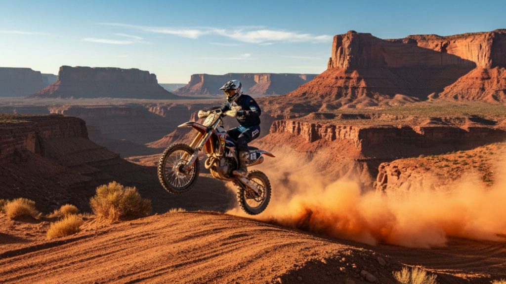 Dirt bike rider airborne over a natural dirt jump on a rugged trail in the red rock desert of Southern Utah, with expansive canyons and mesas under a clear blue sky.