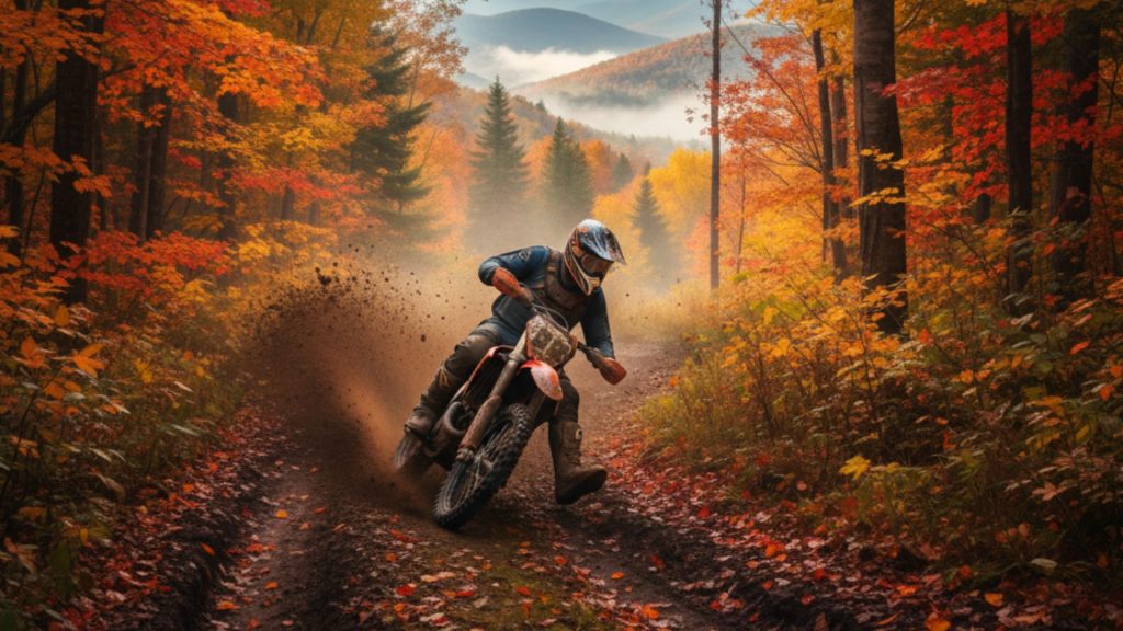 Dirt bike rider kicking up mud on a narrow, wooded trail in the Green Mountains of Vermont, surrounded by dense, vibrant autumn foliage.