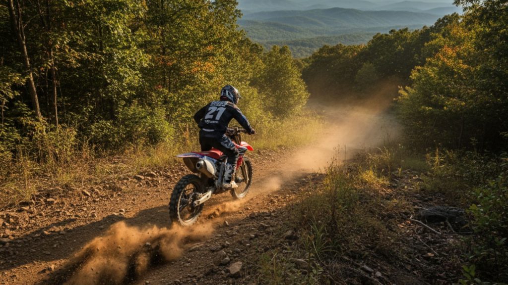 dirt bike rider ascending a steep, rocky dirt hill in rural Virginia, seen from a horizontal perspective, with trees and a expansive landscape in the background.