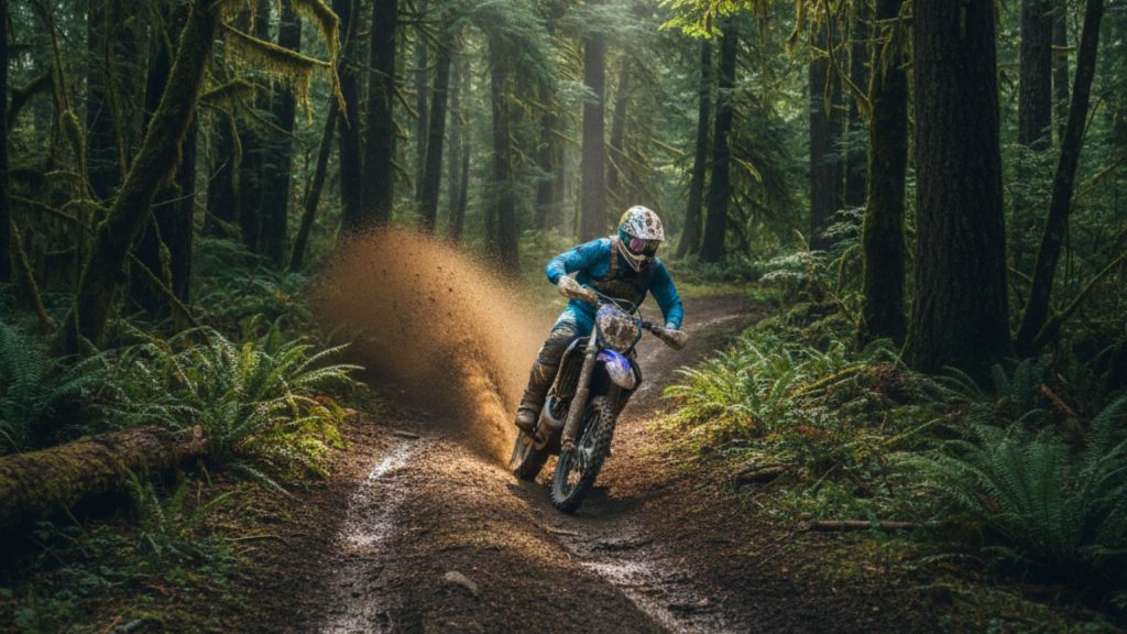 Dirt bike rider navigating a muddy, winding trail through a dense, wet evergreen forest in Western Washington, with towering conifers and dappled sunlight.