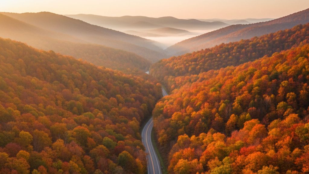Two-lane road in the mountainous terrain of West Virginia, surrounded by dense, vibrant autumn forests and overlooking deep valleys at sunset.