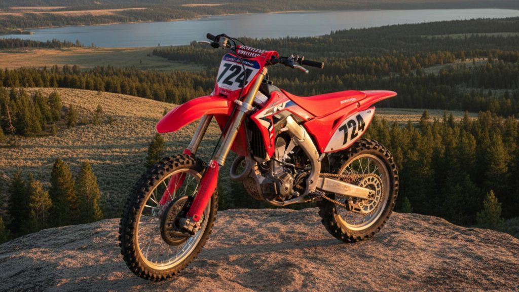 Dirt bike parked on a rocky overlook in Grand Teton National Park, Wyoming, with the iconic jagged peaks and a serene lake in the background under a clear sky.