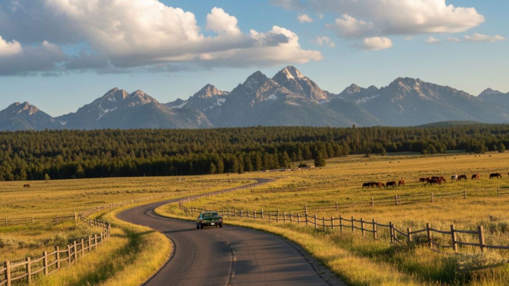 Ground perspective of a winding two-lane mountain road in rural Wyoming, flanked by expansive meadows, distant pine forests, and dramatic peaks under a wide-open sky.