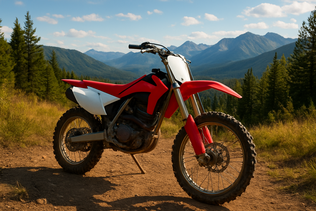 A red and white dirt bike parked on a rocky Montana trail with a panoramic view of mountains and evergreen forests in the background.