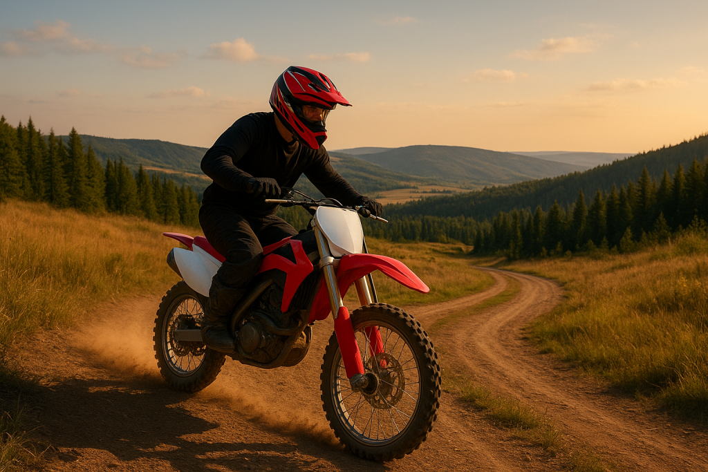 A dirt bike rider speeding along Nebraska’s open plains trail during golden hour, surrounded by tall grass and wide skies.