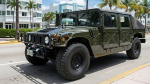 Miami Military Trucks Humvee - Street Legal Restoration for Veterans Day & Valor Fest - Dirt Legal Fully restored olive green military Humvee from Miami Military Trucks, legally street-registered, parked on a sunny Miami Beach street with Art Deco buildings and palm trees in the background.