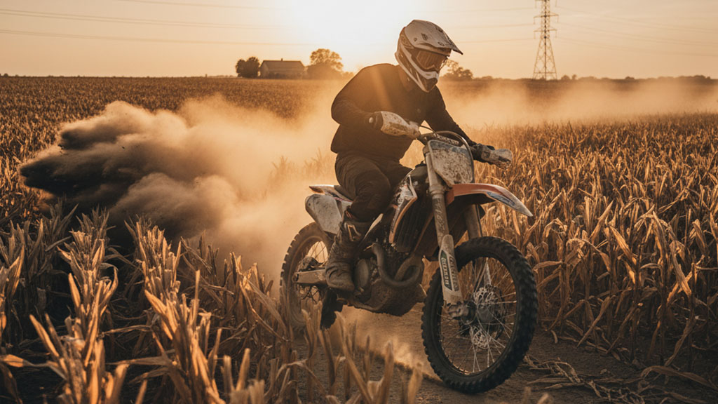 A dirt bike rider kicks up a large cloud of dust while riding through a dry cornfield at sunset, with power lines and a distant building visible.