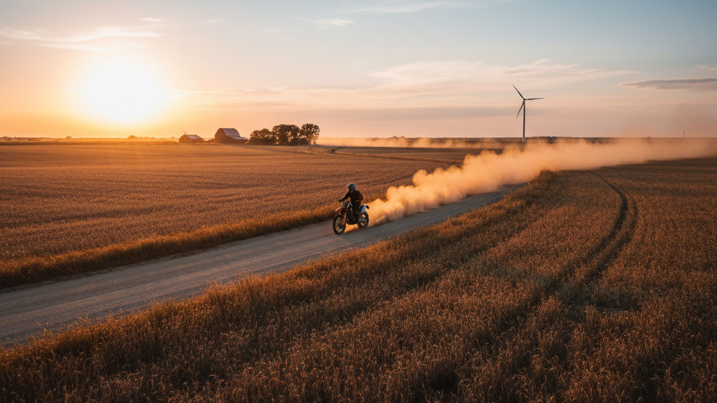 A dirt bike rider creates a long plume of dust while speeding down a rural dirt road through golden wheat fields under a sunset sky, with a farm and a wind turbine in the distance.