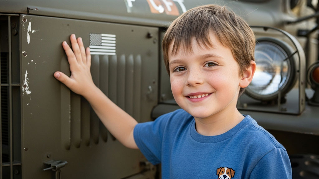Smiling young boy in a blue shirt with a dog design, gently touching a green military truck with an American flag decal, representing community outreach by Miami Military Trucks.