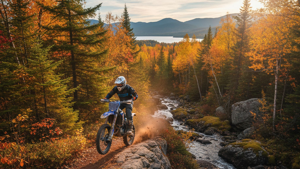 dirt-legal-dirt-bike-mainee - Dirt Legal A dirt bike rider on a blue Yamaha rides a rocky trail next to a flowing stream in a vibrant autumn forest, with a lake and mountains in the background under a clear sky.