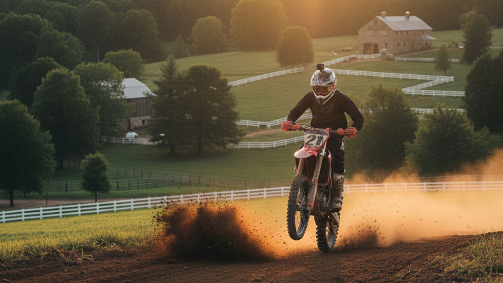Dirt Bike Jump in a Scenic Countryside Track - Dirt Legal A dirt bike rider wearing a helmet and goggles jumps off a small mound, kicking up dirt, on a track in a scenic green countryside with white fences, barns, and trees under a warm, low sun.
