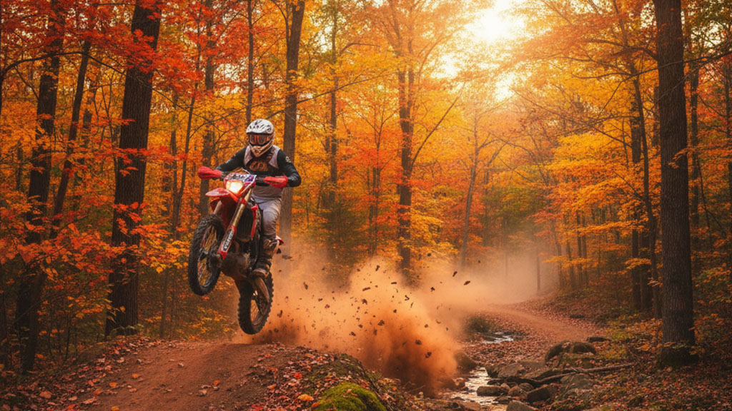 dirt-legal-dirt-bike-massachussets-forrest - Dirt Legal A dirt bike rider on a red Honda jumps over a small hill, kicking up dirt, on a trail winding through a vibrant autumn forest with bright orange and red leaves, under a glowing sunset.
