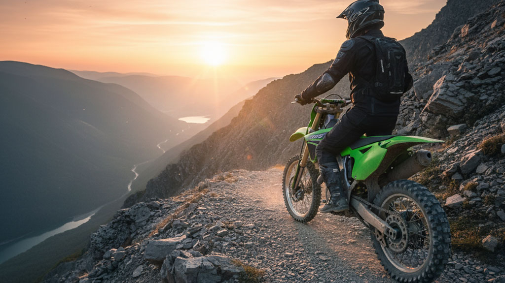 A dirt bike rider in full gear on a steep, rocky mountain trail overlooking a vast valley and lake at sunset.