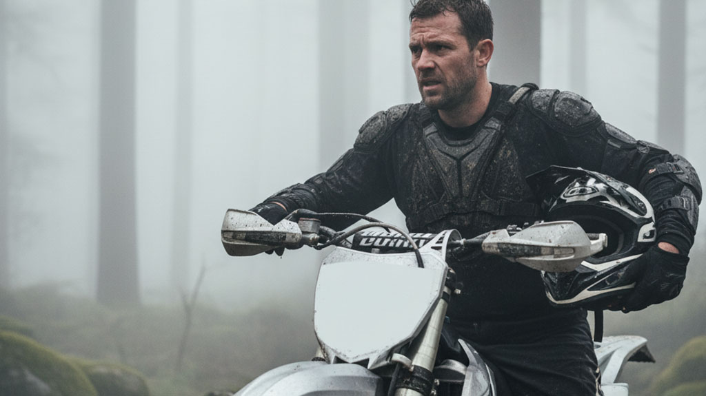 A serious-looking male dirt bike rider in muddy protective gear, holding his helmet, standing next to his white dirt bike in a misty, foggy forest.