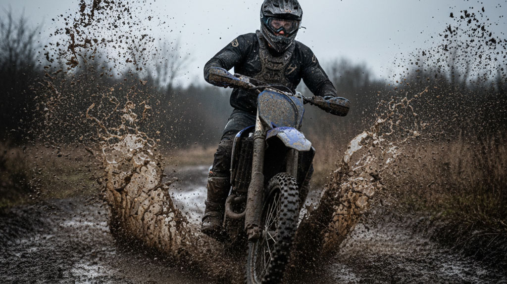 A dirt bike rider in full gear powers through a deep mud puddle, splashing mud high into the air, on an off-road trail.