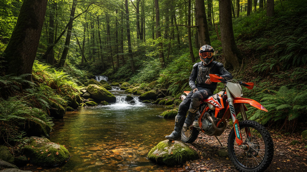 Rider with Dirt Bike by a Creek - Dirt Legal Motorcyclist with orange dirt bike in dense forest, sitting by a creek with rocks and a small waterfall in the background.
