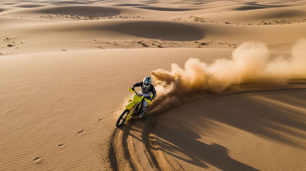 An aerial view of a dirt bike rider on a yellow bike kicking up a large plume of sand while riding aggressively through desert dunes.