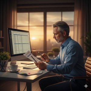 Financial Management in the Sunset A distinguished, gray-haired man works diligently at his computer in a warmly lit office at sunset, using his smartphone to scan or photograph a financial document.