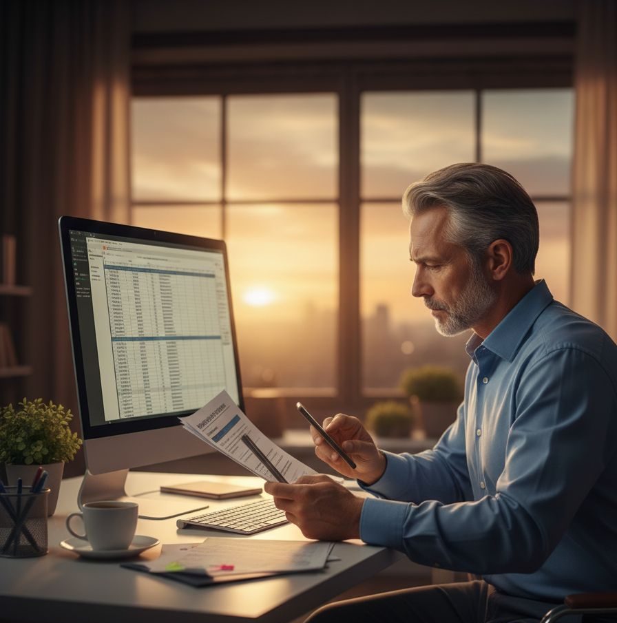 Financial Management in the Sunset A distinguished, gray-haired man works diligently at his computer in a warmly lit office at sunset, using his smartphone to scan or photograph a financial document.