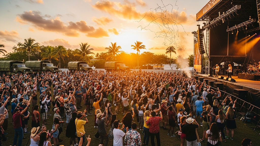 Valor Fest Miami - Live Music & Military Trucks Honoring Veterans - Dirt Legal Vibrant Valor Fest music festival crowd at sunset, with a band performing on a large stage and several Miami Military Trucks parked in the background, surrounded by palm trees.