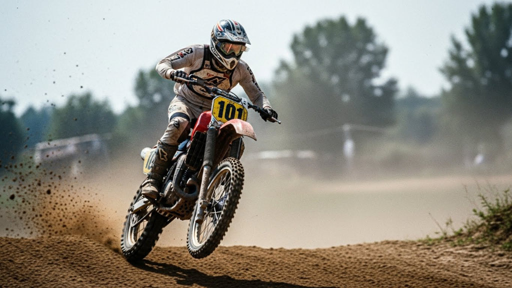 motocross racer jumping dirt bike over a dusty track during a race