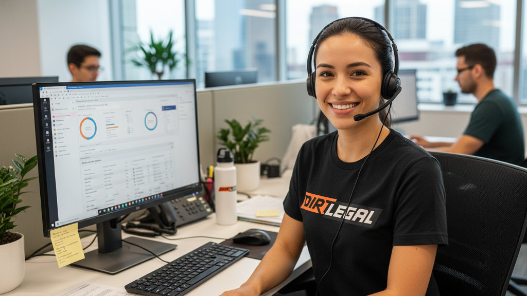 Smiling Dirt Legal customer service representative wearing a headset at her desk, with a computer screen showing data and other team members working in the background.