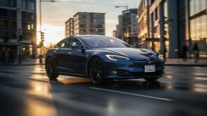 Tesla Model S electric car on a urban road - Dirt Legal Blue Tesla Model S driving on city street at sunset, showing California license plate