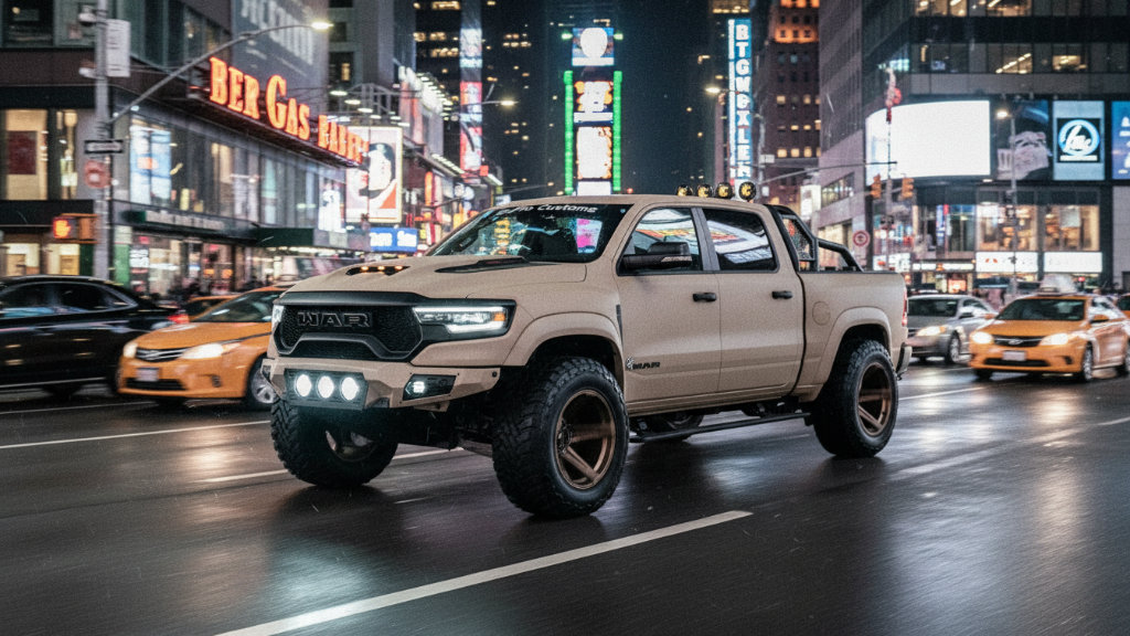 Custom lifted beige RAM TRX truck with large off-road tires driving through a city street at night, with Times Square-like bright lights and yellow taxis in the background.