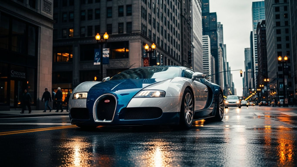Luxury blue and silver Bugatti Veyron supercar parked on a wet city street at dusk, with tall buildings and streetlights reflecting on the pavement.