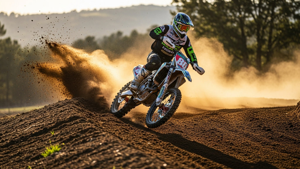 Motocross rider on a dirt bike kicking up dust on an off-road track during a sunny day, showcasing dirt biking action and speed.