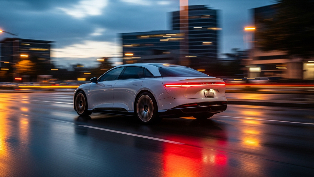 White Lucid Air electric luxury sedan driving at dusk with blurred city lights